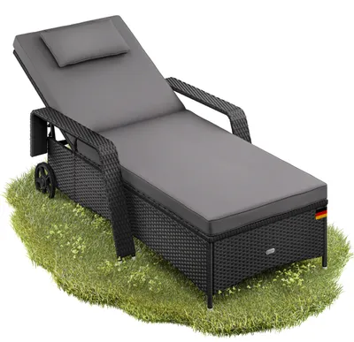 Image de Casaria® Chaise longue en polyrotin Noir Anthracite coussin 7cm 2 roulettes Max 160kg Dossier réglable Bain de soleil jardin