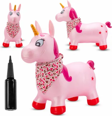 A collage of three images of a pink inflatable unicorn toy, with a black pump shown on the left.
