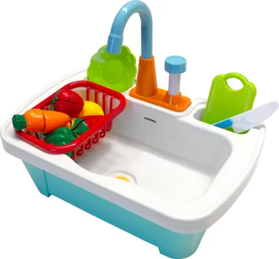 Produktbild von AXI Spielzeug Waschbecken für Kinder | Spielzeugwaschbecken aus Kunststoff mit 17 teiligen Zubehör Set