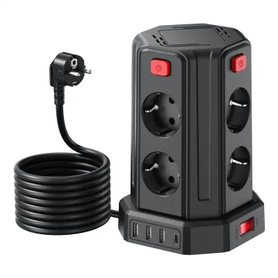 Produktbild von 5 M Steckdosenleiste 4 einzeln schaltbar 8 Fach Mehrfachsteckdose mit 4 USB – Größe 5M, Schwarz