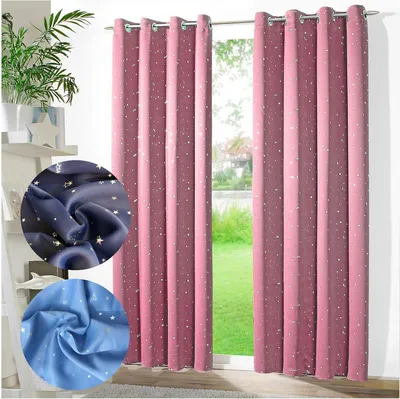 Productafbeelding van Verduisteringsgordijn Sterren - Kindergordijn Ondoorzichtig - Babykamer Decoratie - Geluidsisolerend Warmte-isolerend - 160 x 135 cm - Roze Zilver