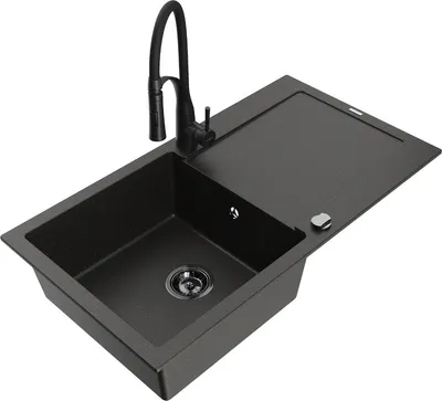 Produktbild von Mexen Leo 1 Becken-Granitspüle mit Abtropffläche und Mischbatterie Aster, Schwarz/Gold metallisch - 6501-75-73450-70-B