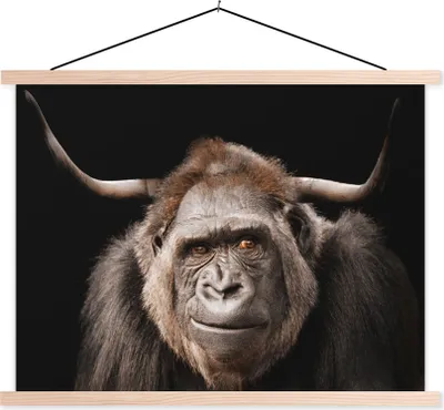 Produktbild von MuchoWow® Textilposter Affe - Horn - Schottisches Hochlandrind 40x30 cm mit holzfarbenen Rahmen - Bilder