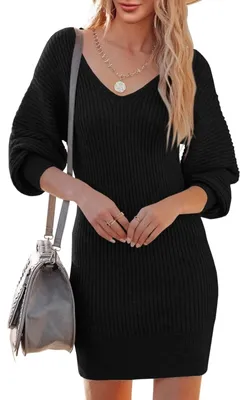 Produktbild von Inovra – Strickkleid mit V-Ausschnitt – Lange Ärmel – Mini-Kleid – Puffärmel – Freizeitkleid – Weiches, dehnbares Material – Pulloverkleid