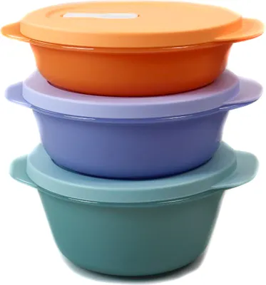 Three stacked plastic food storage containers with lids.
