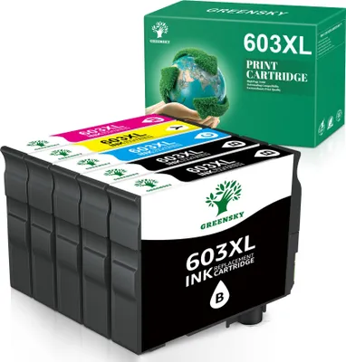 A box of Greensky 603XL ink cartridges is shown with a stack of cartridges in front of it.