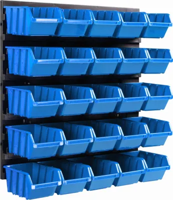 Produktbild von Lagersystem Wandregal 385 x 390 mm | 25 stck. Box | Stapelboxen Schüttenregal Sichtlagerkästen | Extra Starke Wandplatten | Regal Erweiterbar | Werkstattregal Lagerregal Werkstattwandregal Steckregal