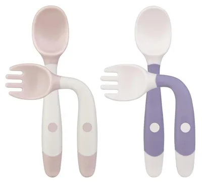 Image de Babylöffel, set de 4 cuillères d'apprentissage, sans BPA, couleur lilas et beige, souples et flexibles, adaptées dès 0 mois