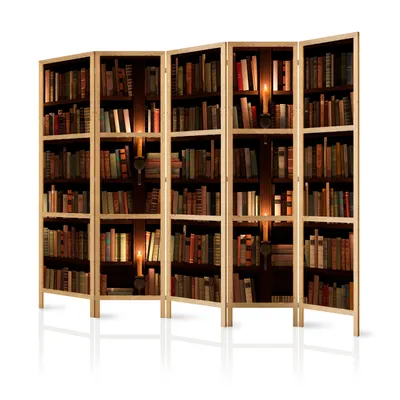 Image de Paravent XXL 225 x 171 cm, 5 panneaux, simple face, élégant, pare-vue, séparateur de pièce, cloison, séparateur d'espace, bois, motif décoratif, bureau à domicile, bibliothèque, botanique, nature f-B-0142-bh-a