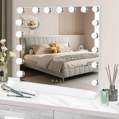 Imagen del producto de Espejo de maquillaje estilo Hollywood, blanco, con 17 luces LED regulables, dimensiones: 60 x 52,5 cm