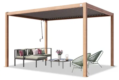 Immagine prodotto di PRIMEYARD Pergola 3x4 m montanti in alluminio look legno con tetto a doghe in acciaio gazebo da giardino