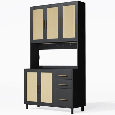 Produktbild von Flieks Hochschrank, Anrichten mit Türen aus Rattan, Barschrank mit Steckdosen, Sideboard im rustikalen Stil, 183cm hoch, schwarz