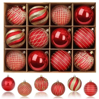 Image de Boules de Noël en plastique, 12 pièces, rouge/or, 80 mm, incassables, brillantes, mates et pailletées