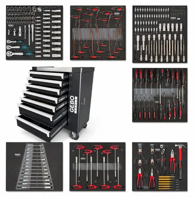 Obrázok produktu pre Profesionálna skrinka - dielenský vozík s náradím, so 7 zásuvkami, 7 vložiek carbon, , 262ks Gebo Tools