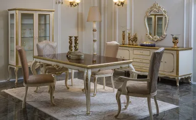 Produktbild von Design Esszimmer Set 8tlg Esstisch Stuhl Kommode Vitrine Spiegel Ess Tische Holz