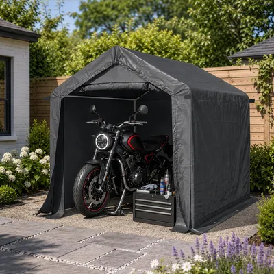 Obrázok produktu pre LEADZM 180X180X205CM: Domček na náradie, garážový stan, krytá parkovacia hala, fóliový stan, záhradný sklad, garáž na bicykle, skladovací stan, fóliový domček na náradie, sklad na náradie, domček na náradie, čierna farba