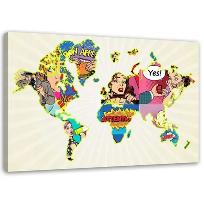 Produktbild von Leinwandbild pop art weltkarte 60x40 cm Feeby farbe wandbild bereit zum aufhängen