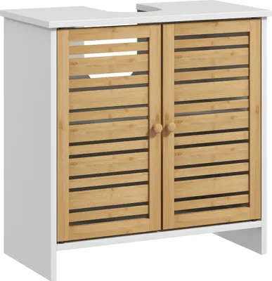 Image de HOMCOM Meuble sous vasque meuble de salle de bain 2 portes avec étagère réglable armoire de rangement pour lavabo 60 x 30 x 60 cm en bambou naturel et blanc