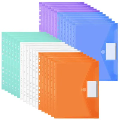 Immagine prodotto di Custodie per documenti formato A4, confezione da 30 pezzi, 5 colori, impermeabili, con chiusura a strappo e tasca per etichette