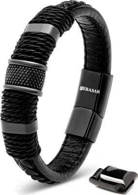Produktbild von SERASAR | Premium Echtlederarmband für Männer [Ring] mit Geschenkschachtel und Edelstahl Verschluss | Farbe: Schwarz | Länge: 20cm