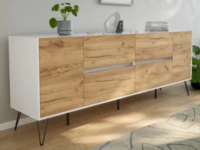 Produktbild von Sideboard Yako 200cm 4 SoftClose 2 Türen Weiß/Eiche Front : Eiche Gold / Weiss hochglanz Varianten: Eiche Gold / Weiss hochglanz