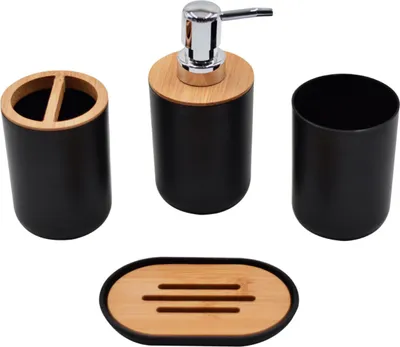 Produktbild von 4-teiliges Badezimmer-Accessoire-Set aus Bambus, wasserdicht und langlebig, inklusive Zahnbürstenbecher für Zuhause und Hotel, Schwarz