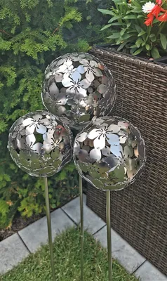 Produktbild von 3er Set Rosenkugel Flower 20/15/15 cm Edelstahl matt gebürstet mit Stab 80 cm