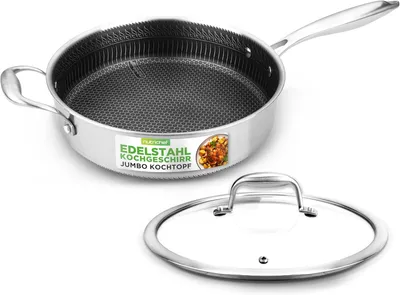 Produktbild von NutriChef Edelstahlpfanne 3,2 L mit Deckel – Antihaft Wabenstruktur Induktion Kratzfest und Spülmaschinengeeignet, Triply-Aluminiumkern, bis 260 °C