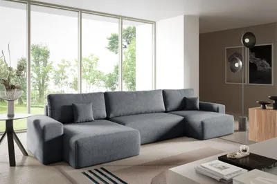 Produktbild von Ecksofas in U-Form ANTONIO CENTAUR 398x148cm, Wohnlandschaft mit Schlaffunktion & Bettkästen, Eckarniutur / Couch in Bouclé-Stoff Dunkelgrau