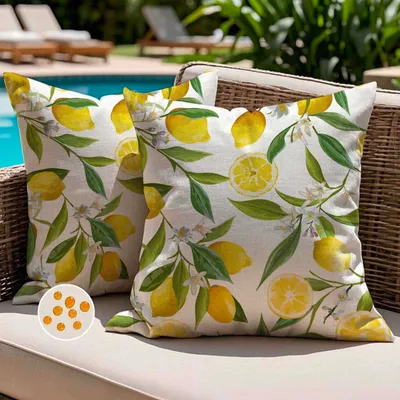 Produktbild von Set mit 2 Kissenbezügen (50 x 50 cm), wetterfest, gelbes Zitronenmotiv, Blumenmuster, Frühlings-/Sommerstil, wasserdicht, für Sofa, Garten, Balkon, Terrasse und Wohnzimmer.
