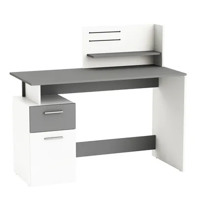 Zdjęcie produktu dla Biurko Demeyere PLATON, biały + szary, 121,5x55x110 cm, meble biurowe, 1 szuflada, 1 szafka, podstawa biurka z 1 półką i 2 paskami napinającymi