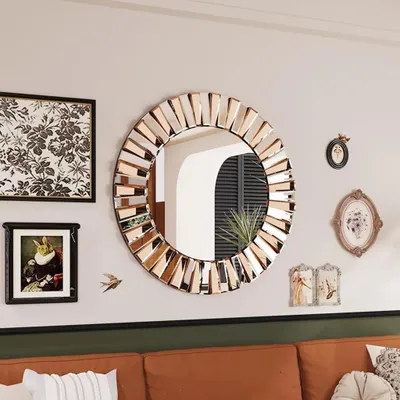 Immagine prodotto di Vrygle Specchio da parete rotondo oro Ø60 cm, specchio decorativo stile sole, specchio moderno per soggiorno ingresso