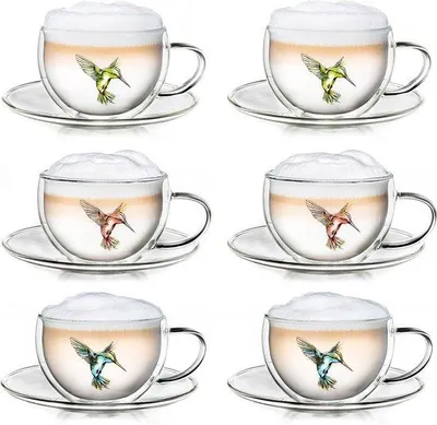 Produktbild von Famanu Doppelwandige Latte Macchiato-Gläser mit Kolibri-Motiv - 6-teilig, 250 ml, blau/rot/grün