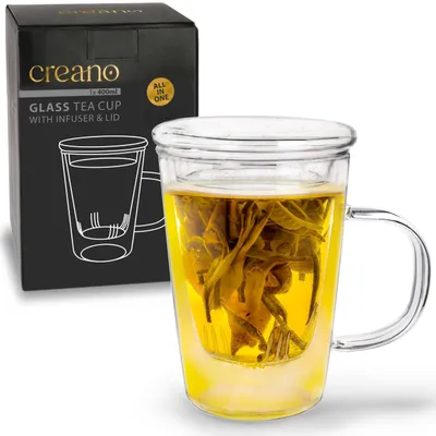 Produktbild von Creano Teeglas 400ml - Große Teetasse mit Sieb und Deckel aus Glas - ein idealer Teebereiter