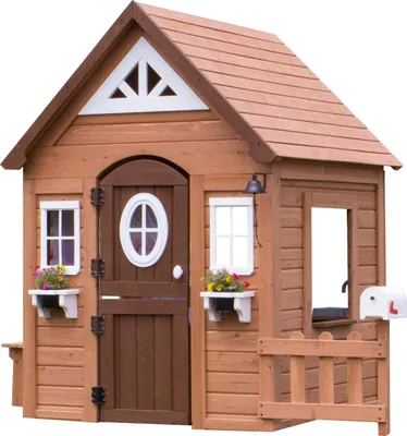 Produktbild von Backyard Discovery Spielhaus Aspen aus Holz | Outdoor Kinderspielhaus für den Garten inklusive Zubehör | Gartenhaus für Kinder mit Fenstern in Braun
