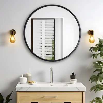 Image de Omgoods - Grand miroir de salle de bain rond, diamètre 70 cm, noir avec cadre en aluminium
