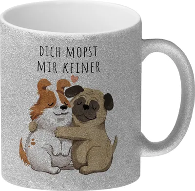 Produktbild von Mops Glitzer-Kaffeebecher mit Spruch Dich mopst mir keiner