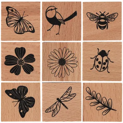Productafbeelding van 9 Stuks Houten Rubberen Stempels - Vintage Decoratief