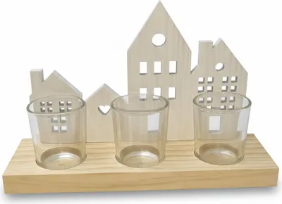 Produktbild von Teelichthalter auf Holzsockel | Häuser Silhouette | 17 cm | Holz | Weiß