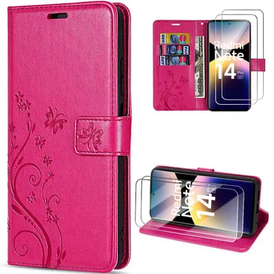 Image de Coque + 2 Verres Trempés pour Xiaomi Redmi Note 14 Pro 5G, Synthécuir Motif Relief Floral Papillon Fuchsia