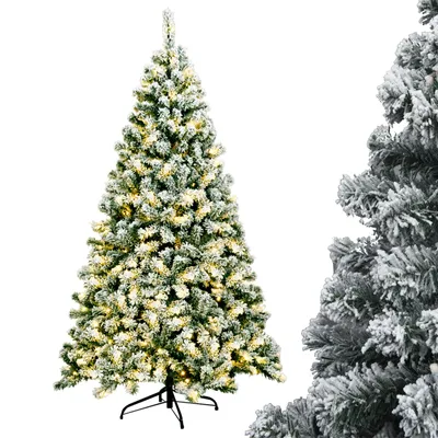 A flocked artificial Christmas tree with warm white LED lights and a metal stand, presented against a white background. A close-up of a similar tree is visible on the right.