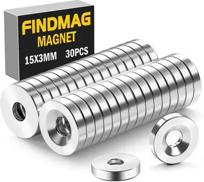 Productafbeelding van Neodymium-magneetstiften, 30 stuks, 15 x 3 mm, met gaatjes, kabeljauwmagnaten, hangmagneten, miniatuurmagneten, knutselaccessoires