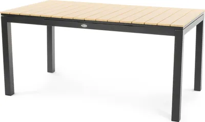 A rectangular outdoor table with a slatted beige top and black metal legs, shown against a white background.