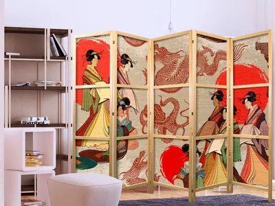 Produktbild von Paravent XXL Geisha & Drache 225x171 cm - 5-teilig - einseitig - eleganter Sichtschutz - Raumteiler - Trennwand - Raumtrenner - Holz - Design Motiv - Deko - Japan p-B-0027-z-c