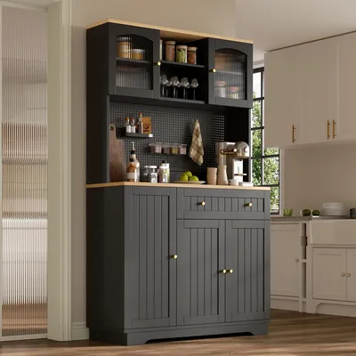 Obrázek produktu pro MODFU Vysoká kuchyňská skříň se skleněnou vitrínou, rozměry 103,5 x 40 x 180 cm, kuchyňská skříň se zásuvkou a nastavitelnými policemi, multifunkční úložná skříň, černá barva