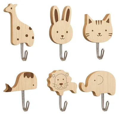Produktbild von Garderobenhaken Holz 6er Set Tierförmig für Kinderzimmer