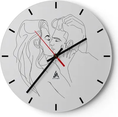 Produktbild von Wanduhr - Rund - Glasuhr - Kuss Paar Skizze - 40x40cm - Schleichendes Uhrwerk - Lautlos - zum Aufhängen bereit - Dekoration Modern - Wanddekoration aus Glas - C3AR40x40-4434