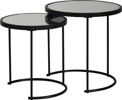 Produktbild von WOHNLING Design Beistelltisch Rund Ø 50/42 cm - 2 teilig Schwarz mit Spiegel Glas Wohnzimmertisch 2er Set Satztisch verspiegelt Couchtisch