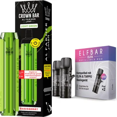 Produktbild von Al Fakher Crown Bar 600 Pod Kit Hellgrün – 500 mAh Akkuträger inkl. 2 x 1,1 Ohm Leerpods, USB-C, 2 ml Pod System, DTL & MTL, wiederaufladbar, ohne Liquid