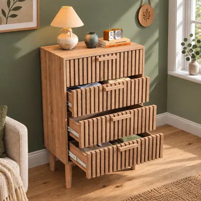 Imagen del producto de Cómoda BPKADHY con 4 cajones, 60x34x91 cm. Mueble aparador de madera, cómoda con cajones y espacio de almacenamiento, mueble multiusos para dormitorio, salón o pasillo